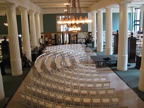 Kirk Hall set up for a special event with rows of chairs